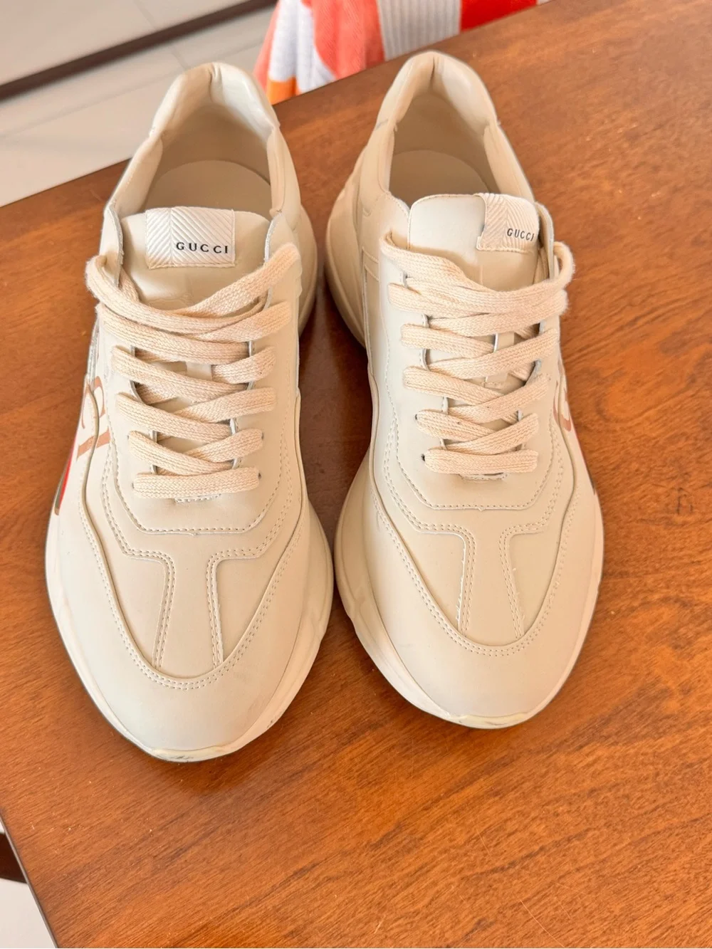 Gucci Cream Leather Sneakers with Red and Green Web Stripe